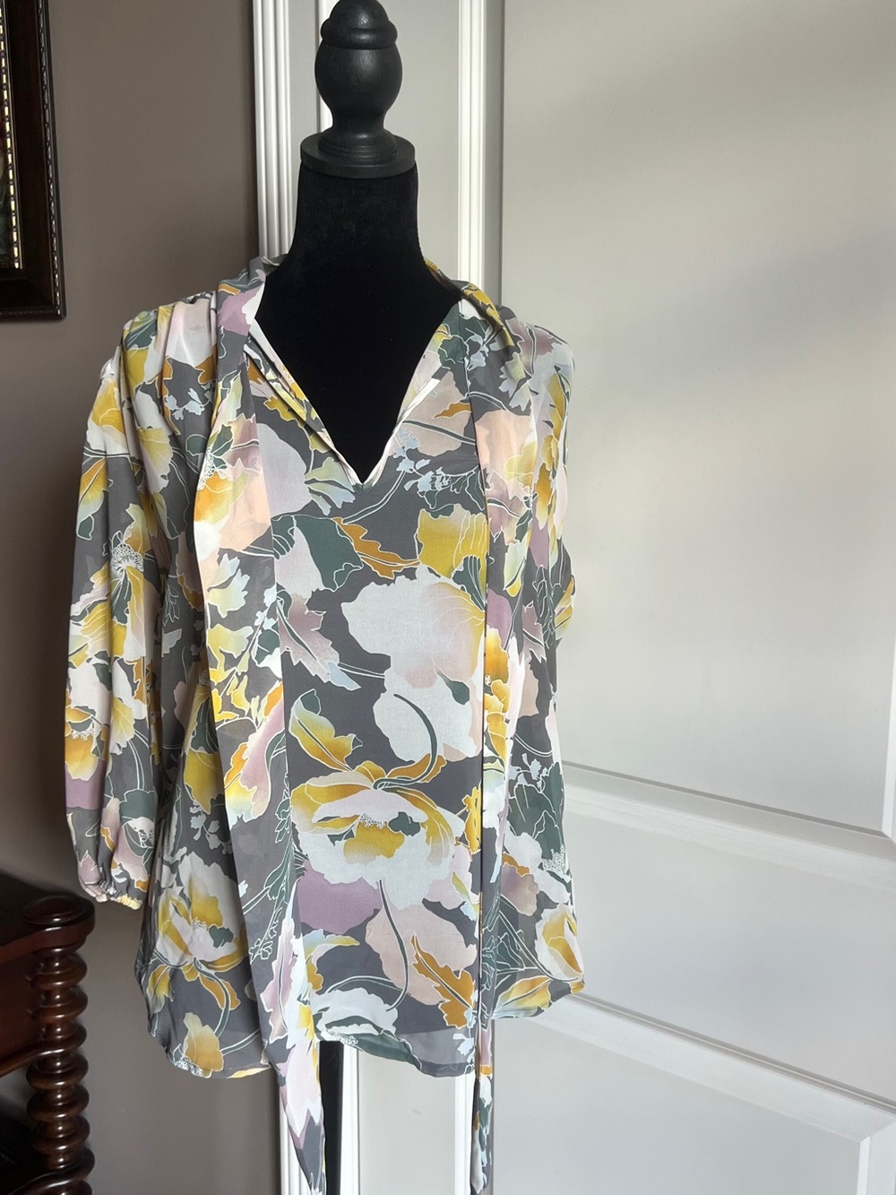 New York & Company Floral V-Neck Tie Blouse in Gray, Yellow & Pink